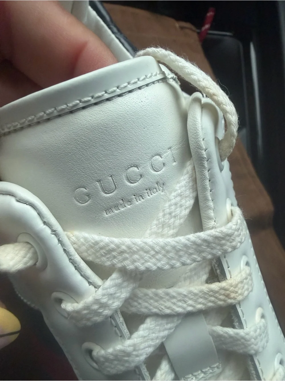 Gucci White Leather Sneaker with Red & Navy Web Stripe